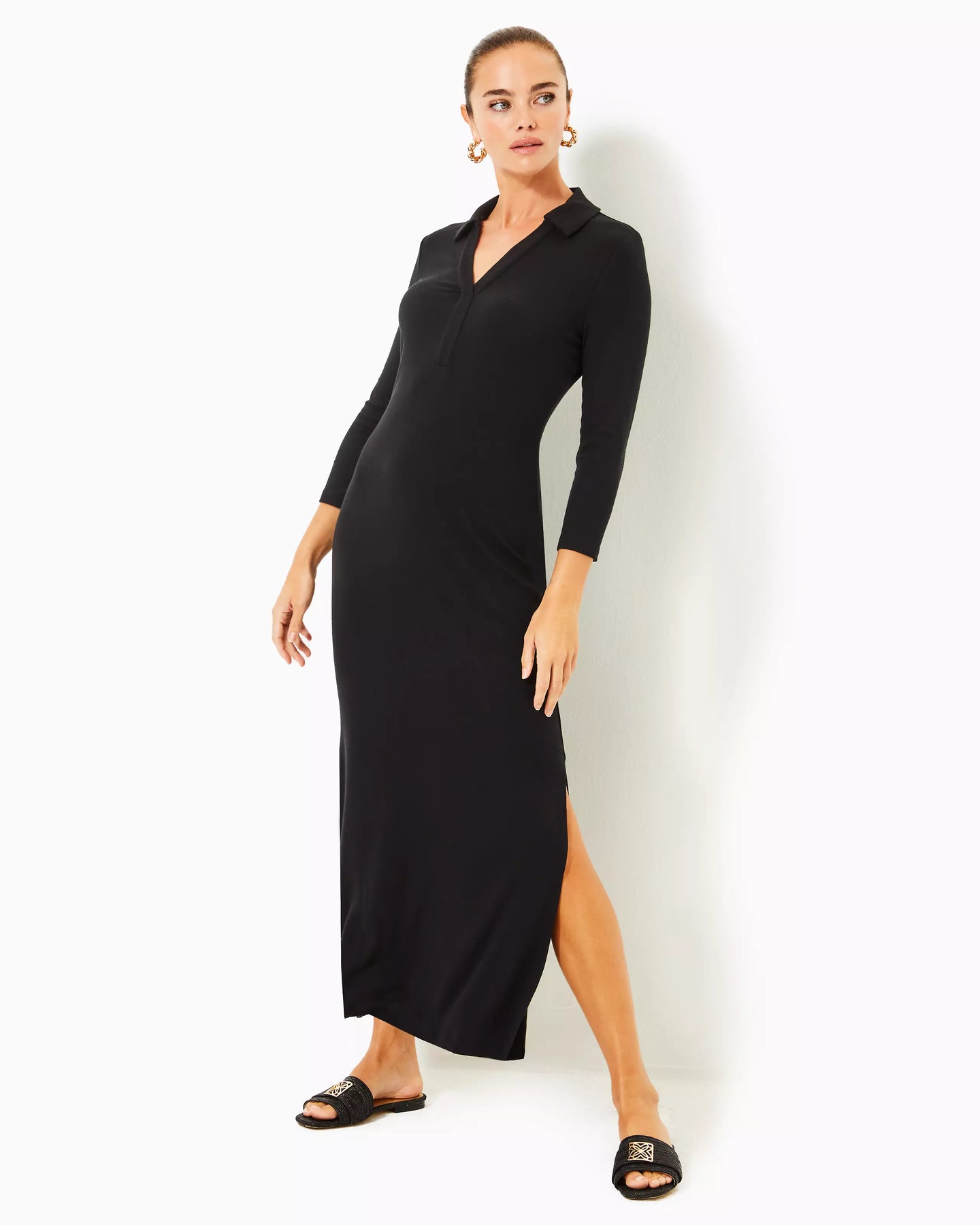 lilly pulitzer formal dresses Lilly Pulitzer Ollie 3/4 Sleeve Maxi Polo Noir – Fenwick Float-ors