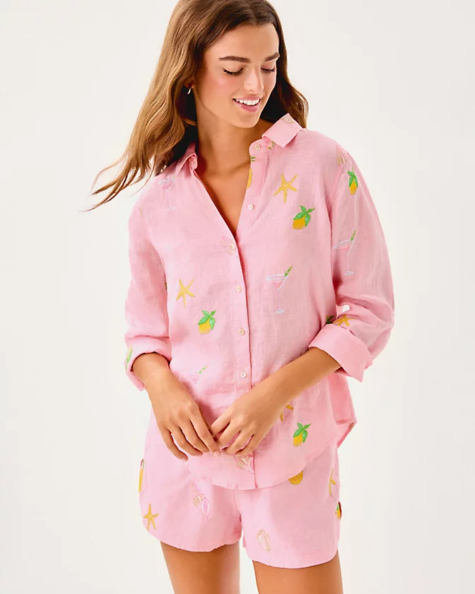 (取寄) リリー ピュリッツァー レディース シー ビュー ボタンダウン Lilly Pulitzer women Sea View Button-Down Conch Shell Pink Happy Hour Embroidery Lilly Pulitzer Sea View Button Down Top Conch Shell Pink Happy