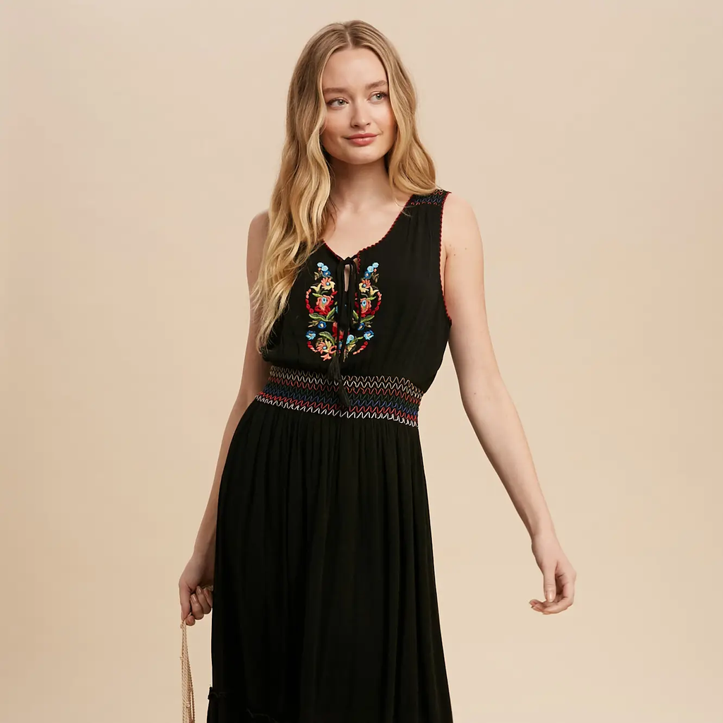 FINAL SALE Black Embroidered Smocked Waist Midi Dress – Fenwick Float-ors